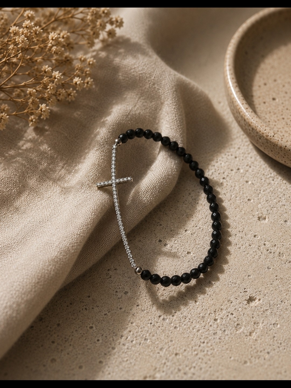 Black Beaded Silver Cross Stretch Bracelet, Christian, Minimalist, Feminine